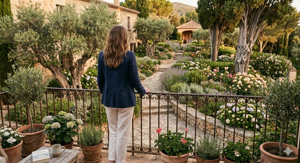 A woman in a navy blazer and light trousers stands on a stone balcony overlooking a Mediterranean garden with lavender, roses, and olive trees in warm late-day light.